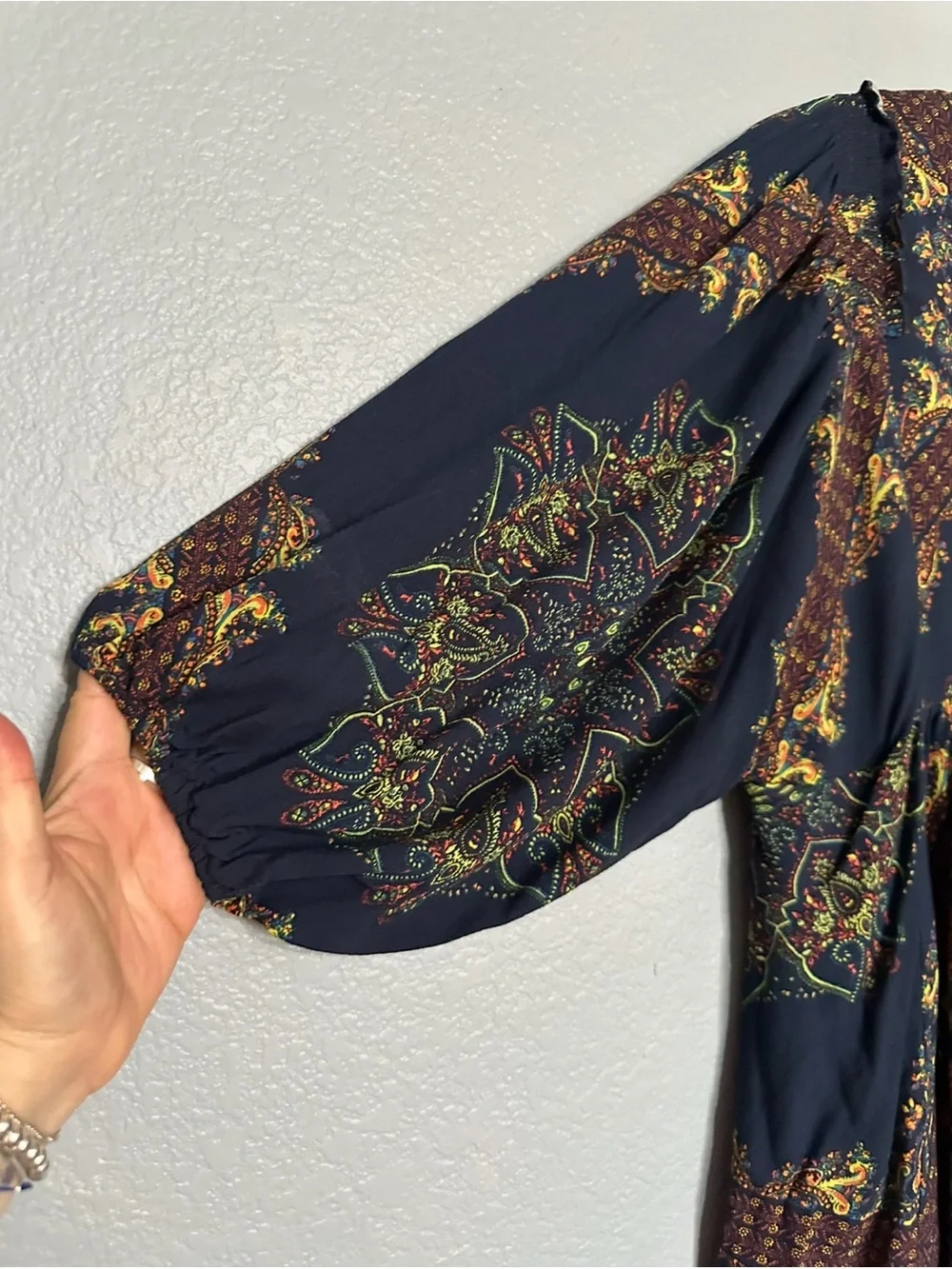 FREE PEOPLE BLUE & GREEN FLORAL PAISLEY BALLOON SLEEVES TUNIC MINI DRESS BOHO